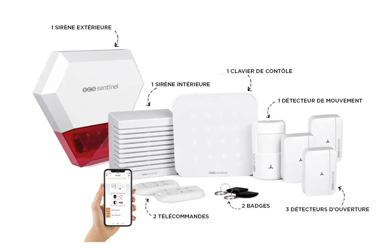 Kit d'alarme Sentinel : sir&egrave;nes, clavier, d&eacute;tecteurs, t&eacute;l&eacute;commandes, badges. Une alarme carte SIM pour une s&eacute;curit&eacute; connect&eacute;e.