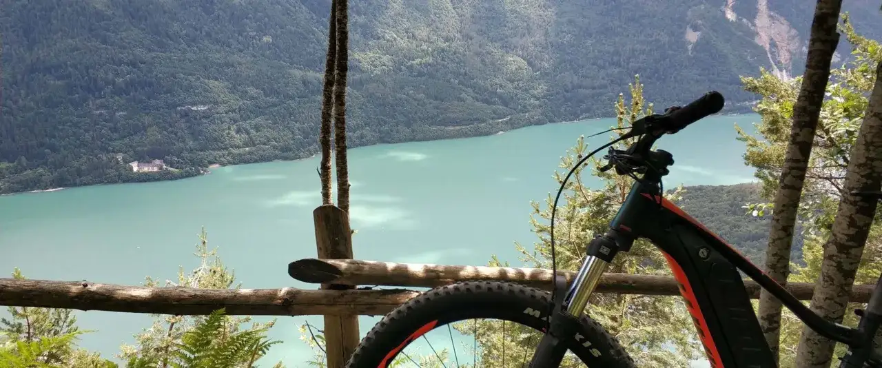 Bici pronta per il giro del lago di Molveno, con vista mozzafiato sull'acqua turchese e le montagne verdi.