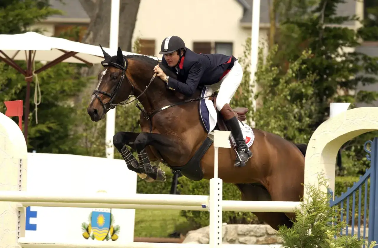 Un cavalier et son cheval, un magnifique cheval Diamant de Semilly, franchissent un obstacle lors d'une compétition d'équitation.