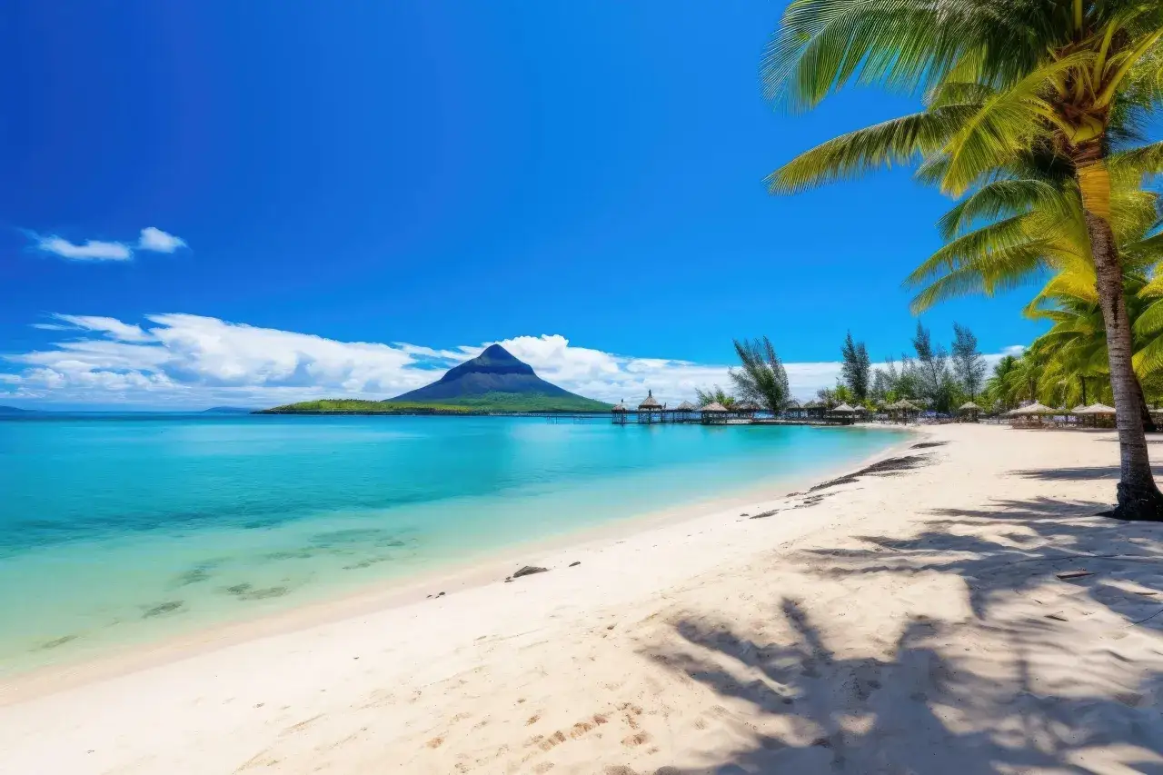 Rajska plaża z palmami i turkusową wodą. Czy to Mauritius czy Seszele? Trudno odr&oacute;żnić ten tropikalny raj.