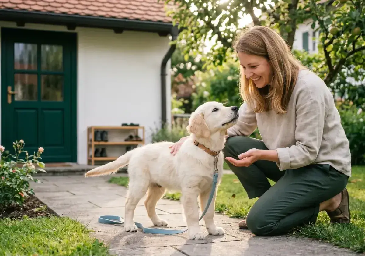 Frau kniet vor einem s&uuml;&szlig;en Welpen, der sie anschaut. Der kleine Hund ist noch unsicher und pinkelt oft hintereinander, aber die Frau ist geduldig.