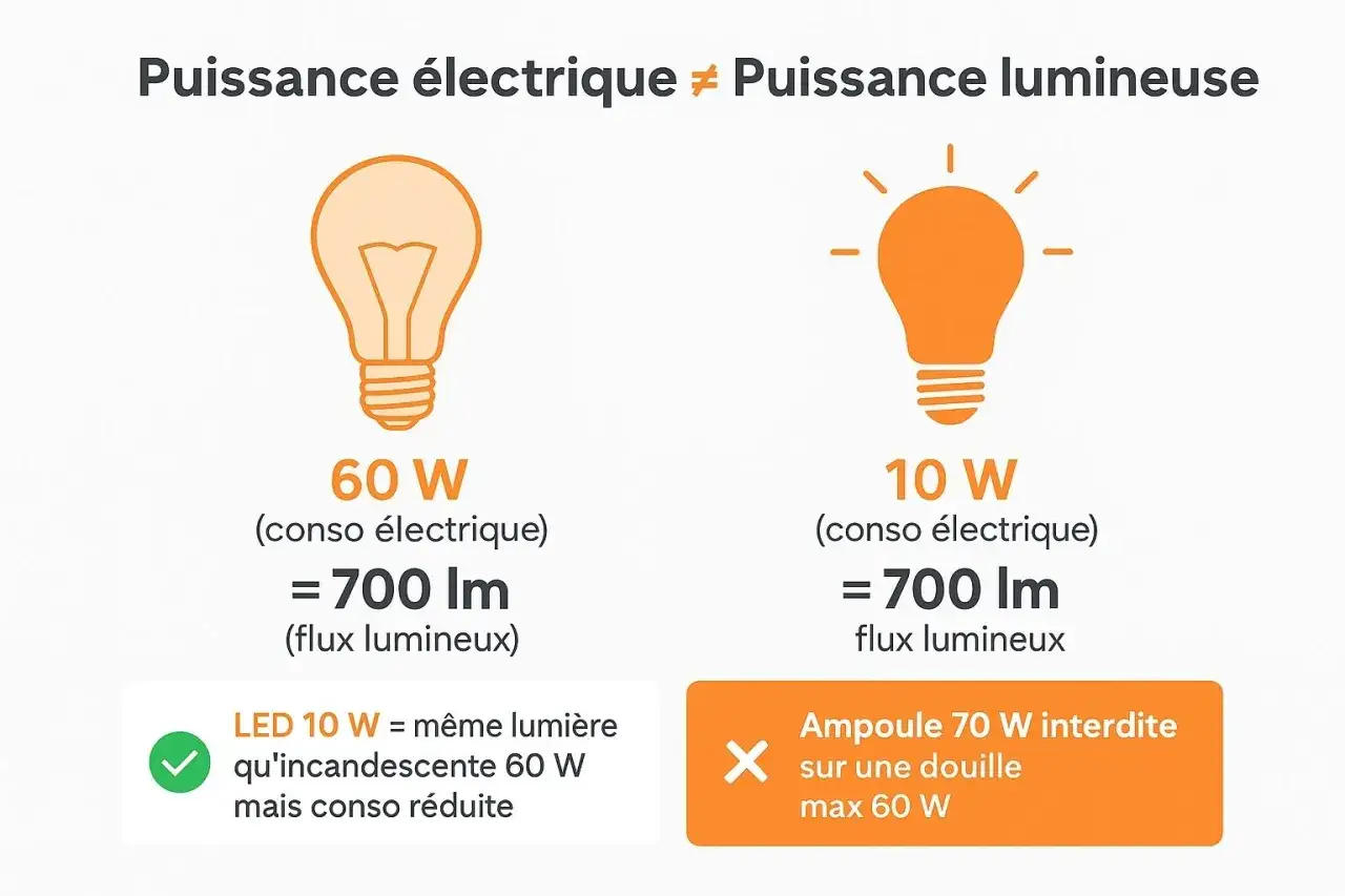 Une ampoule LED 10W éclaire autant qu'une ampoule 60W, mais consomme moins. Ne mettez pas une ampoule 70W sur une douille max 60W.