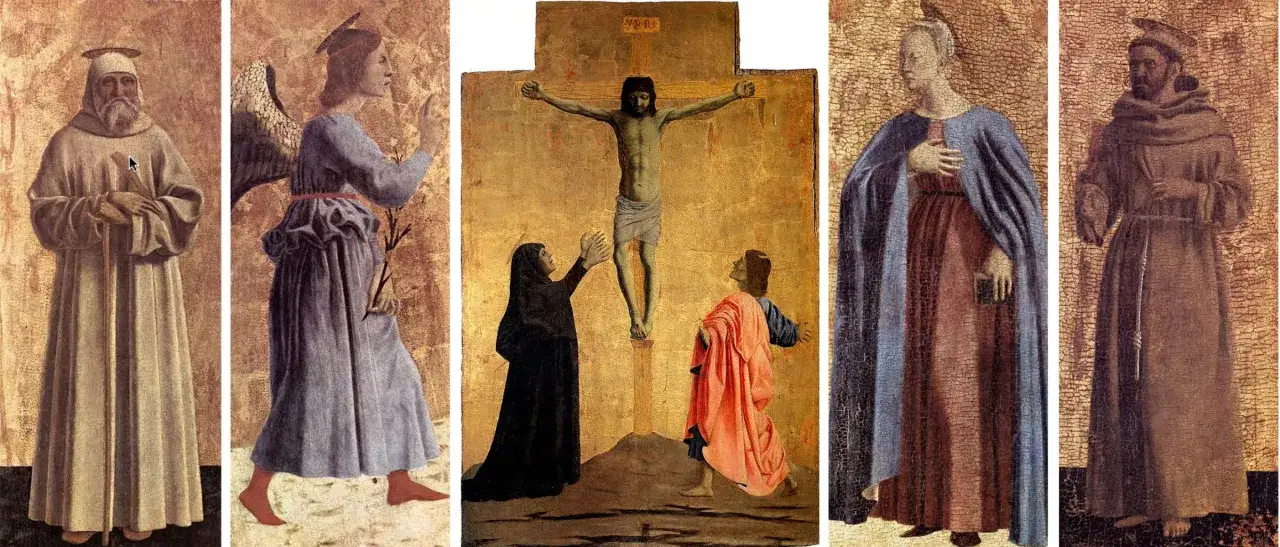 Il polittico della misericordia mostra San Francesco, un angelo, la crocifissione con la Vergine e San Giovanni, e una santa.