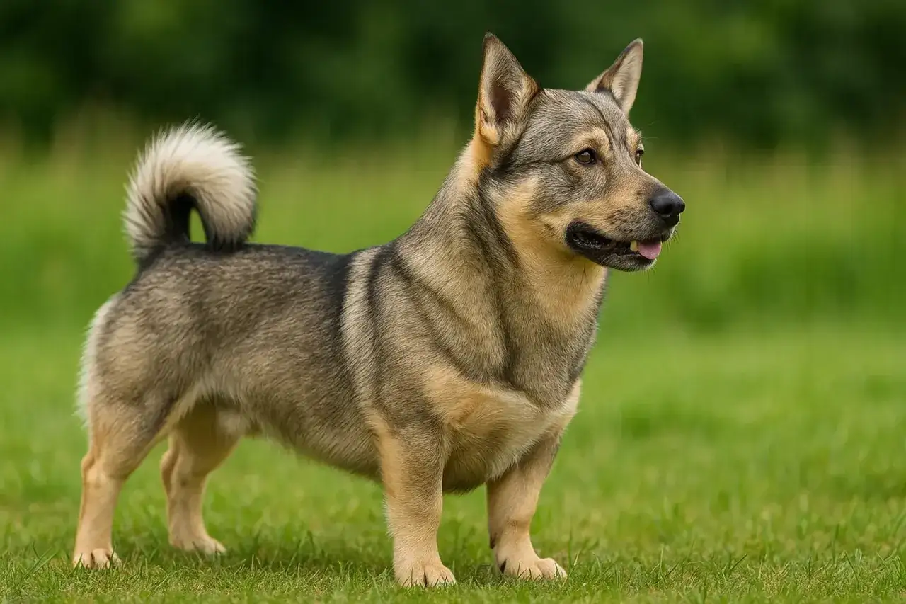 Un spitz des Wisigoths, un chien au poil gris et fauve, se tient fièrement sur une pelouse verte.