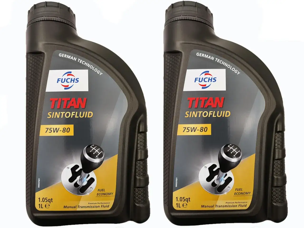 Dwie butelki oleju FUCHS TITAN SINTOFLUID 75W-80, płynu do manualnych skrzyń biegów, z symbolem lewarka zmiany biegów.