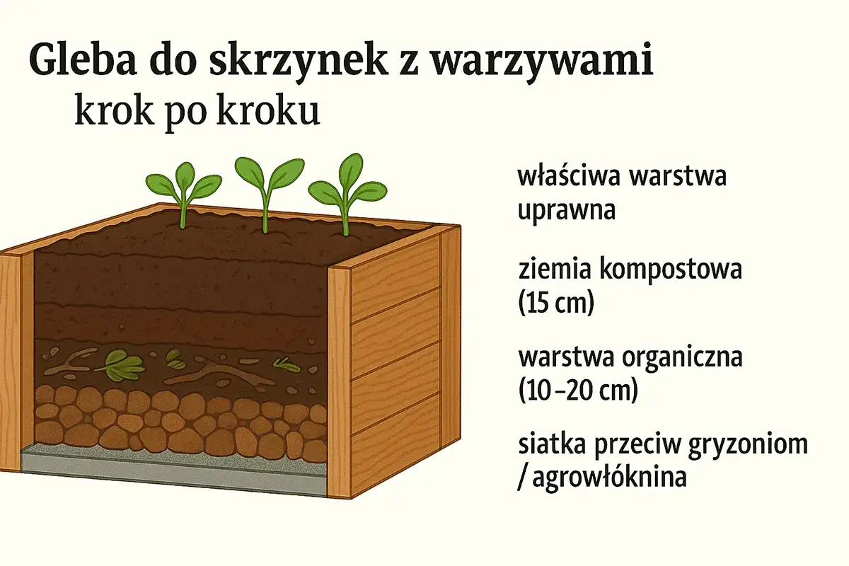 Warstwowa gleba do skrzyń z warzywami: siatka, warstwa organiczna, ziemia kompostowa i warstwa uprawna. Idealne czym wypełnić skrzynie na warzywa.