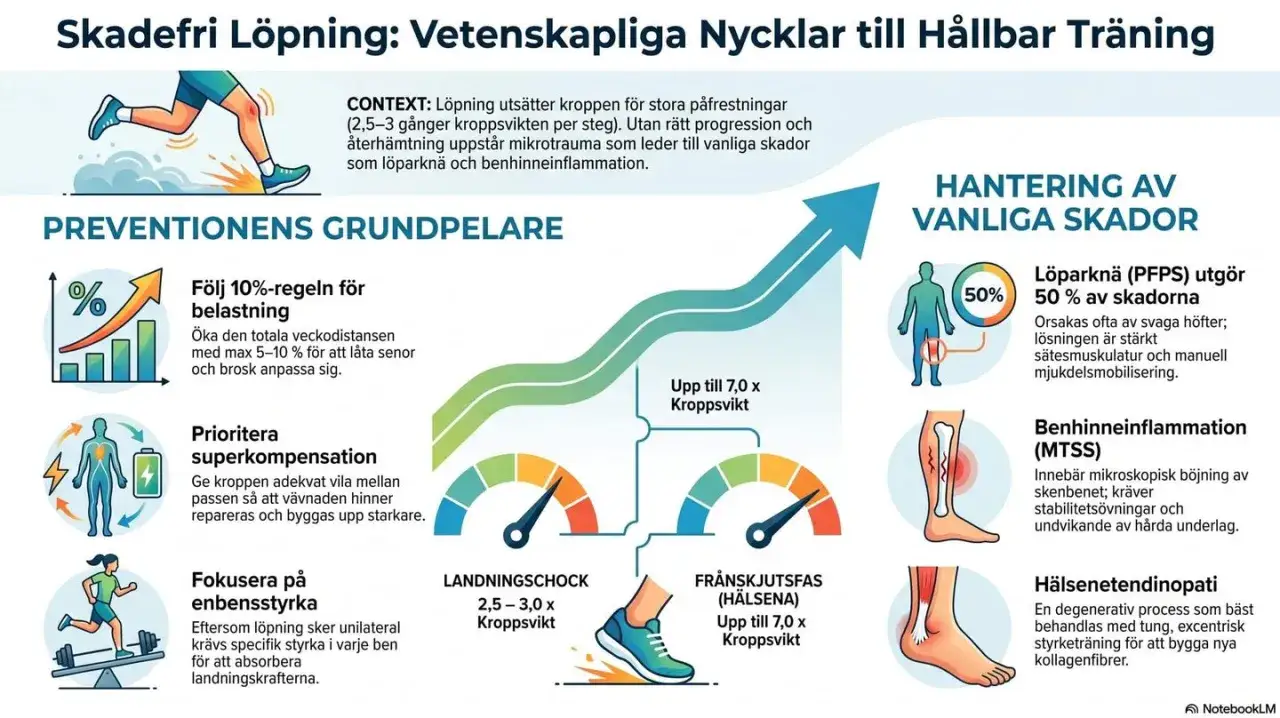 Fr&aring;n soffpotatis till 5 km: Infografik om skadefri l&ouml;pning, prevention och hantering av vanliga skador. Visar 10%-regeln, superkompensation och enbensstyrka.