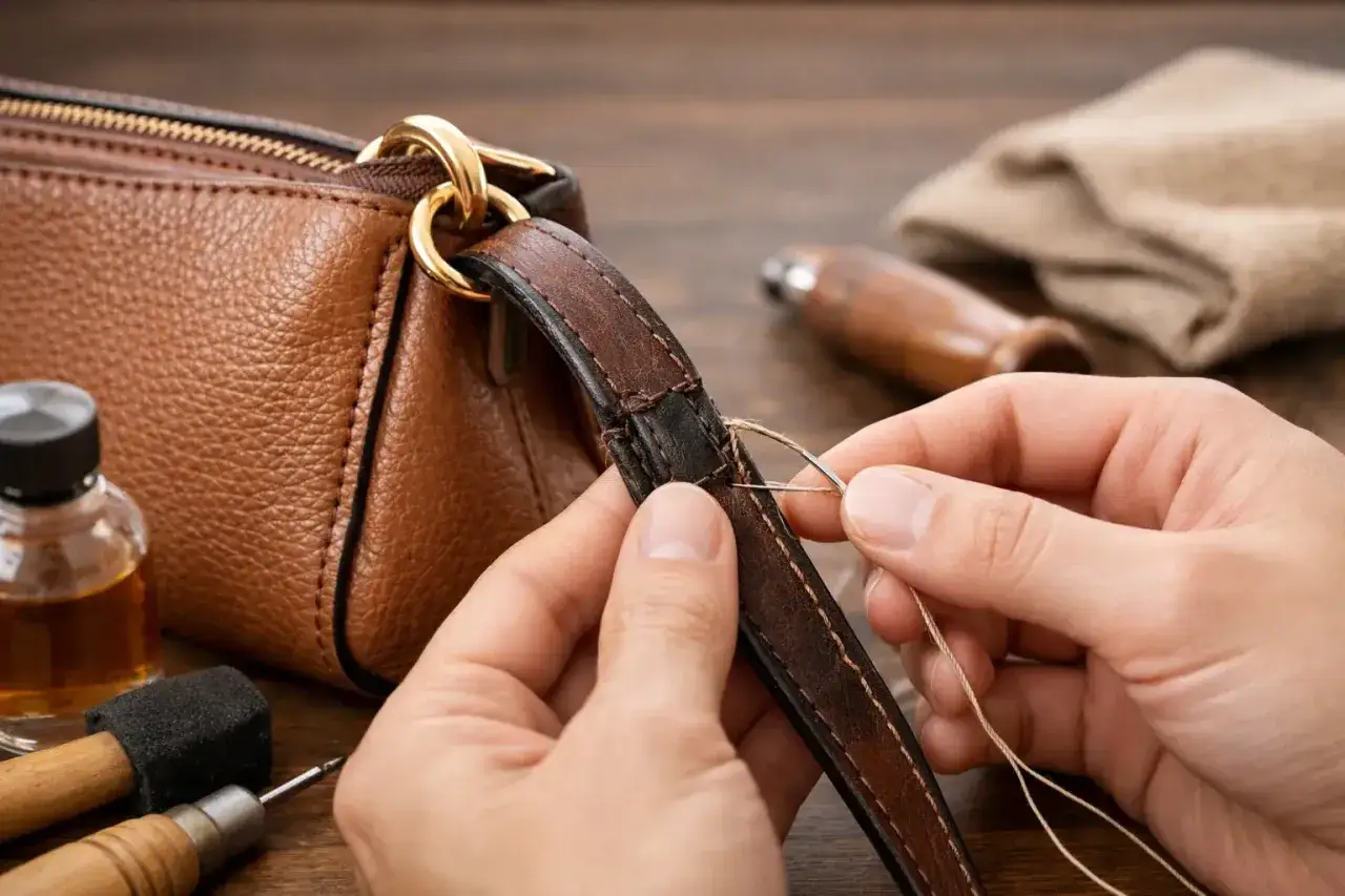 Réparation d'un sac en cuir : mains cousant une anse avec une aiguille et du fil. Outils et colle à proximité pour apprendre comment coller du cuir.