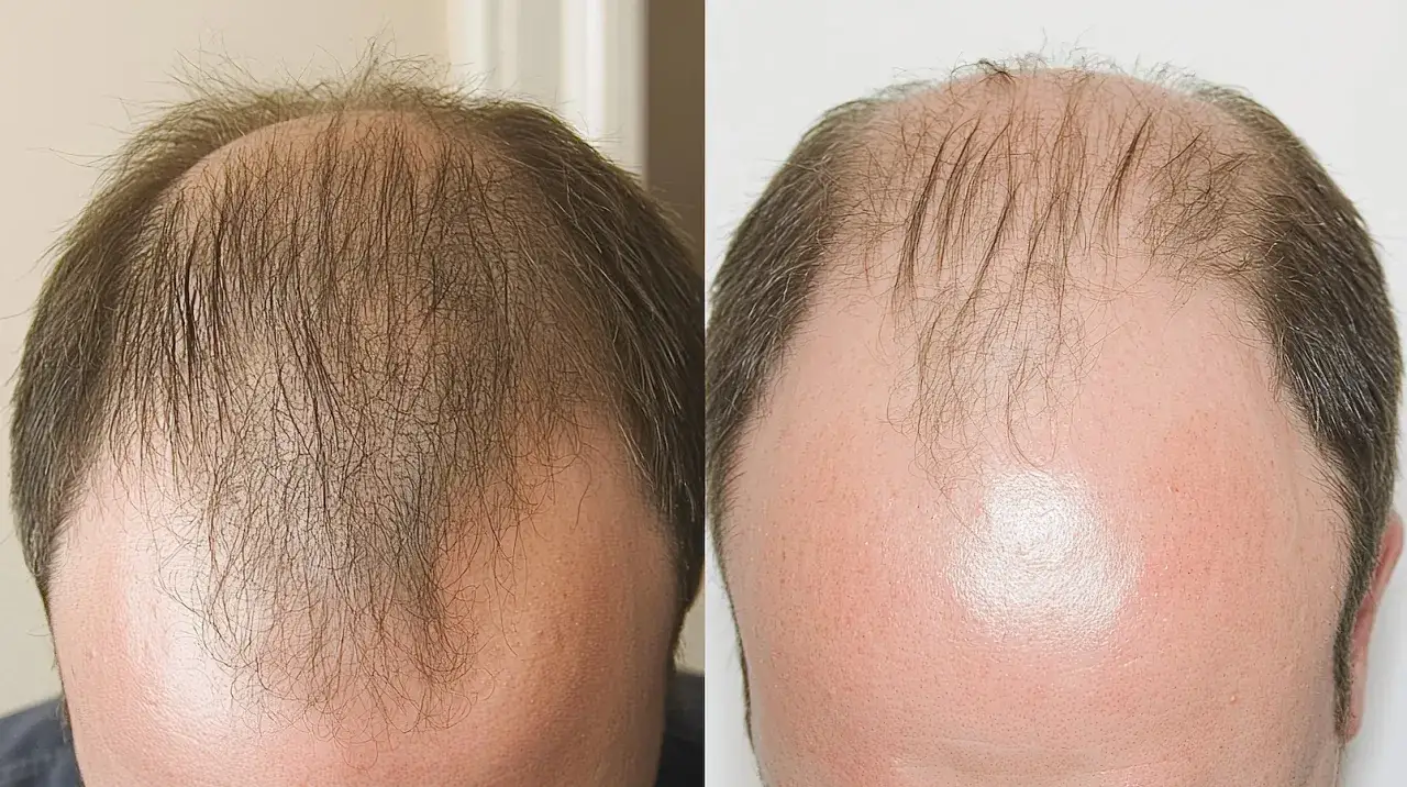 Comparaison avant/apr&egrave;s : le cuir chevelu d'un homme montre une am&eacute;lioration de la densit&eacute; des cheveux, sugg&eacute;rant une lutte contre la calvitie h&eacute;r&eacute;ditaire.