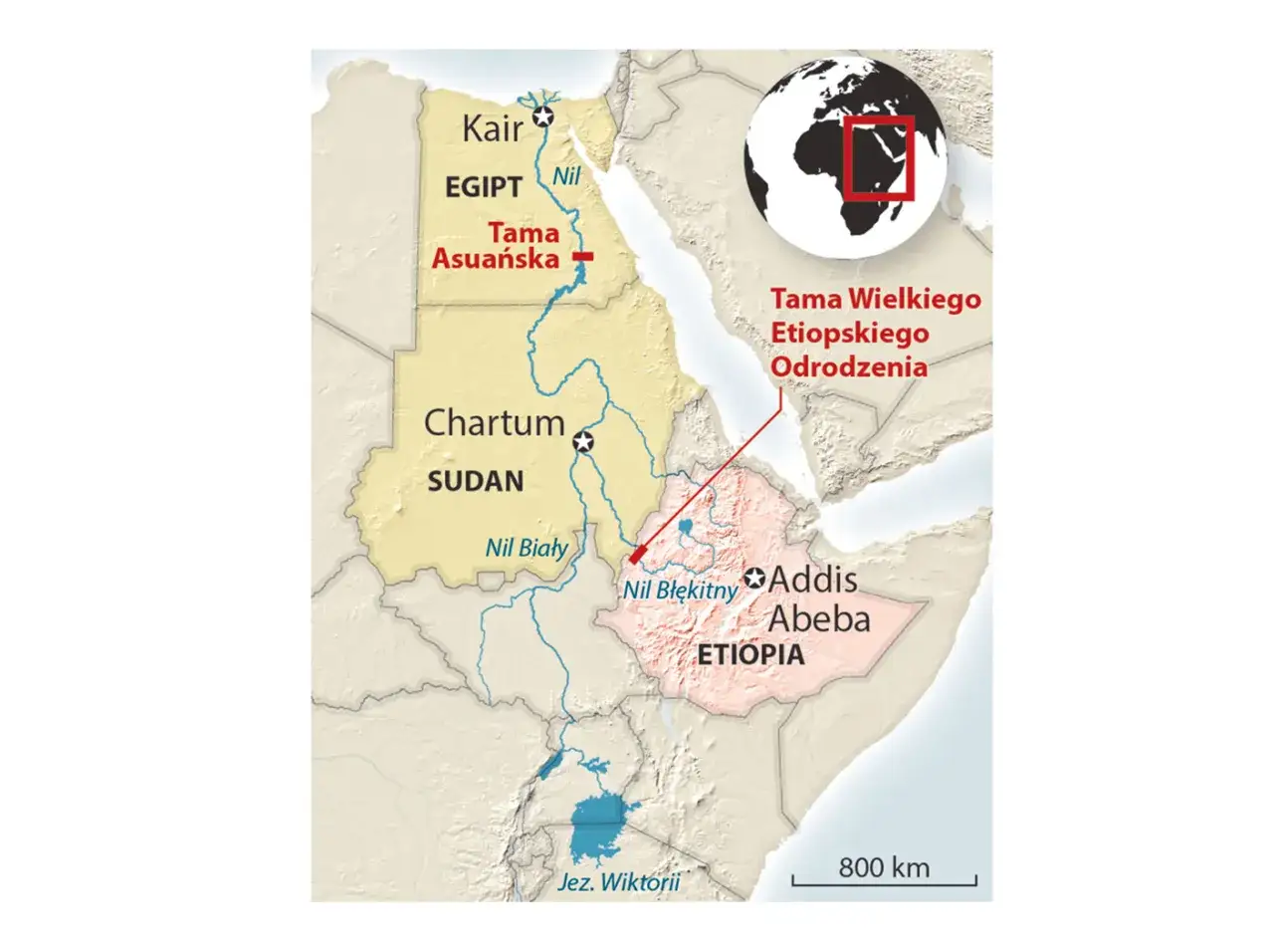 Mapa Nilu z zaznaczonymi Kairem, Chartum, Addis Abebą i Tamą Wielkiego Etiopskiego Odrodzenia.