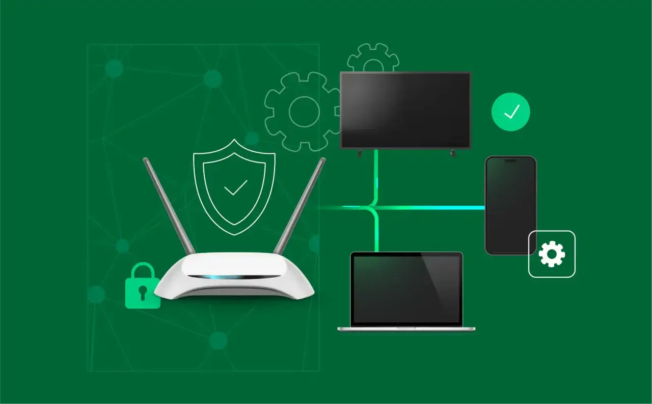Router, Laptop, Smartphone und Fernseher sind mit einem Sicherheitsschild verbunden. Das Symbol eines Schlosses und Zahnr&auml;der deuten auf **home office sicherheit** hin.