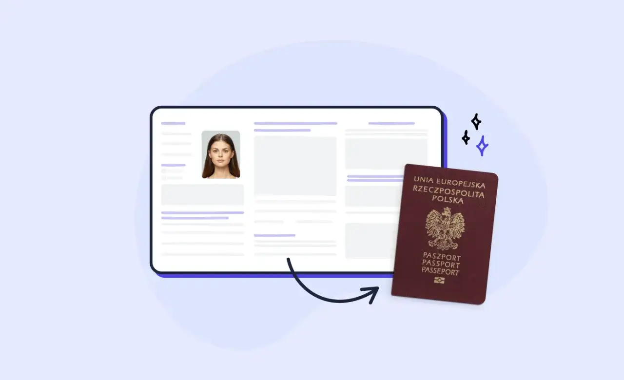 Nowy paszport czeka na podróż! Na ekranie widać zdjęcie kobiety, a obok polski paszport.
