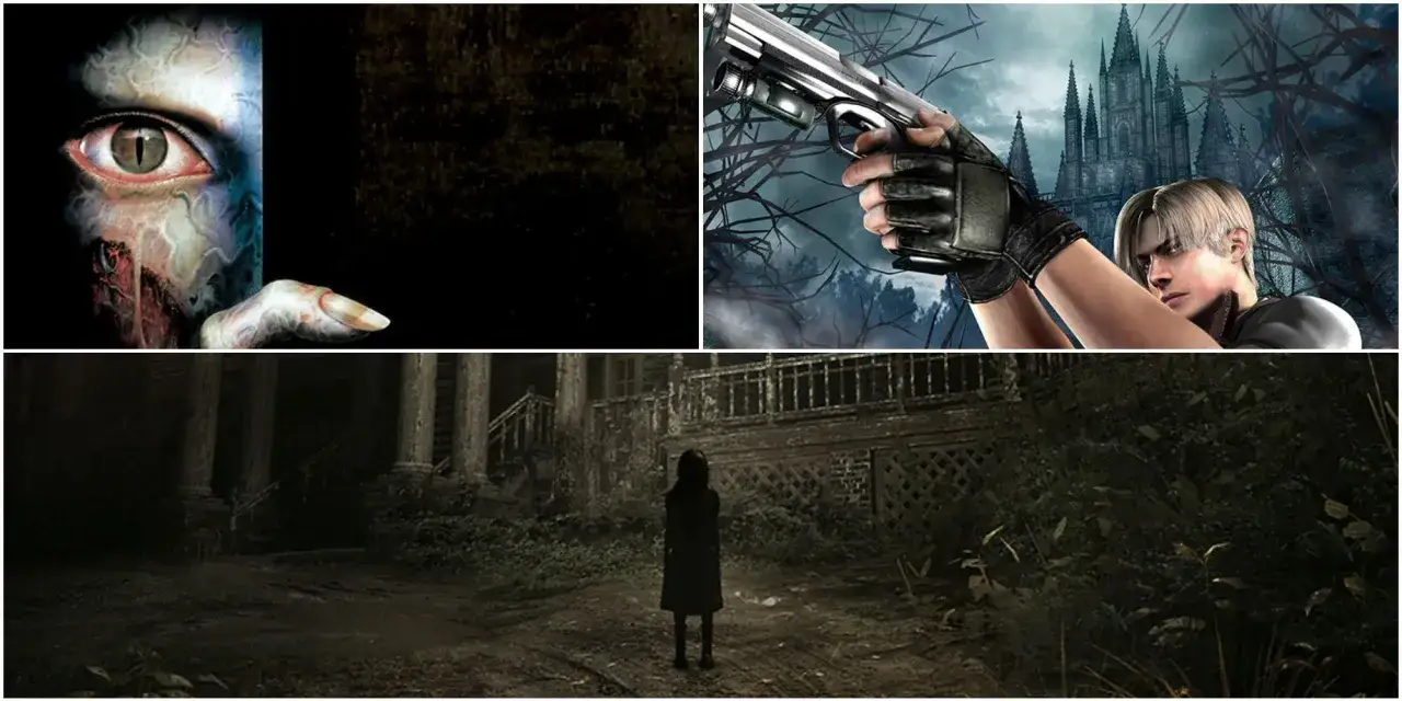 Przerażające obrazy z serii Resident Evil: oko potwora, Leon celujący z broni do zamku, dziewczynka przed opuszczonym domem.