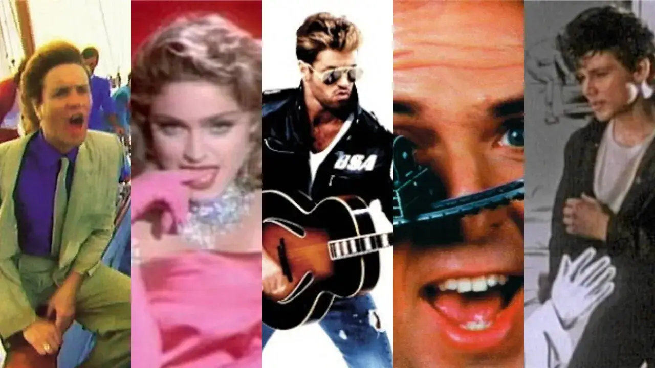 Collage aus ikonischen Musikvideos der 80er: Ein Mann im Anzug, Madonna, George Michael mit Gitarre, ein Mund und ein Mann mit Handschuhen.