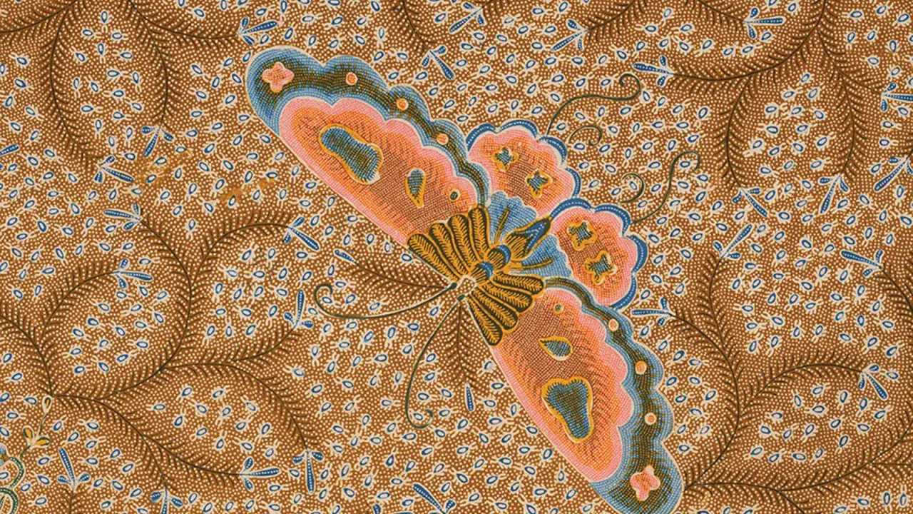 Ein Schmetterling in zarten Batik-Techniken auf braunem Grund mit filigranen Mustern.