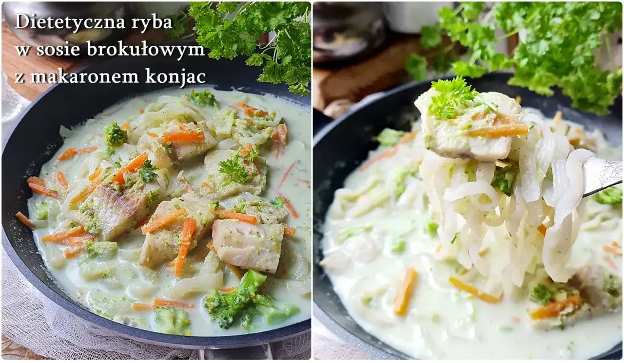 Ryba z makaronem konjac w sosie brokułowym. Danie wygląda apetycznie, z kawałkami ryby, brokułów i marchewki.