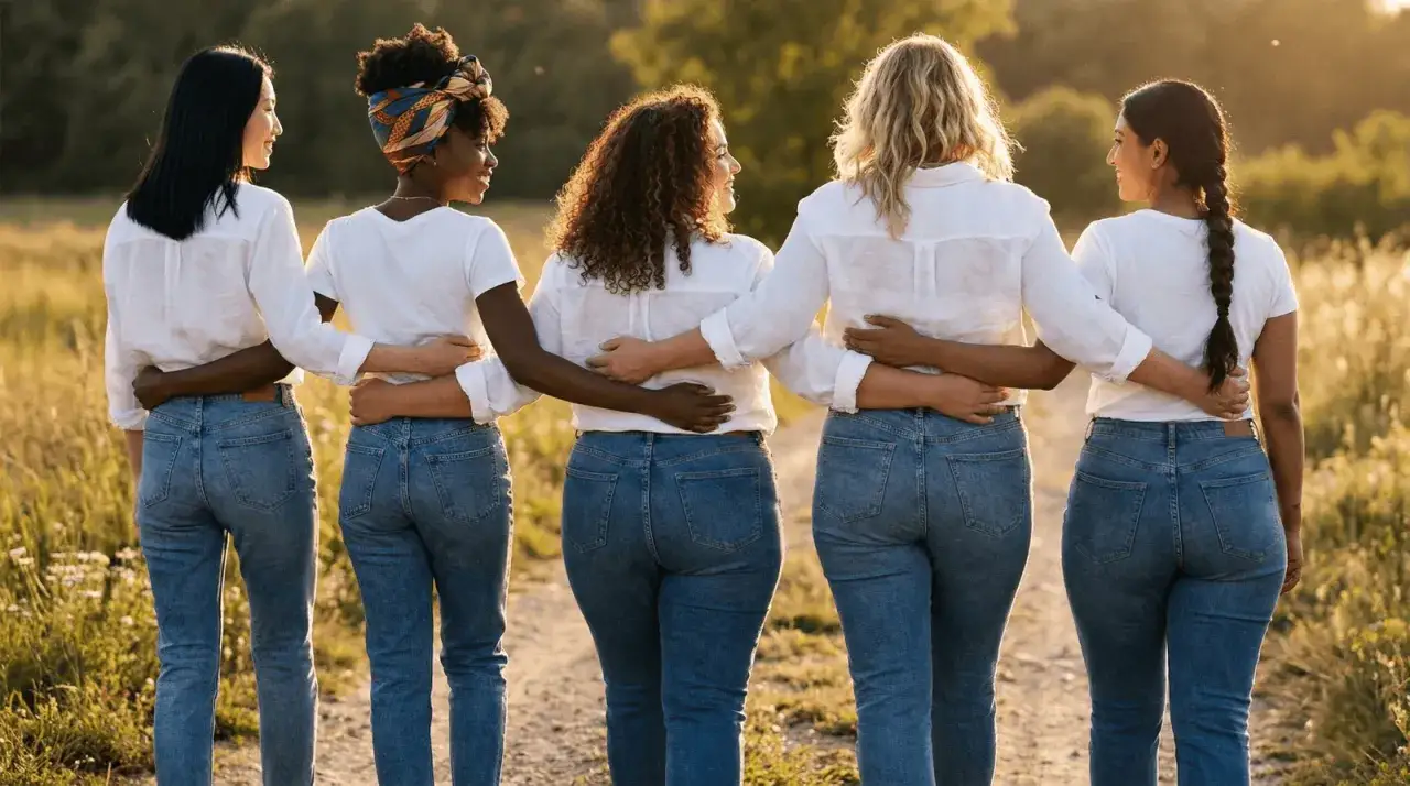 Cinq femmes, chacune avec une silhouette athlétique, marchent ensemble, bras dessus, bras dessous, dans un champ doré.