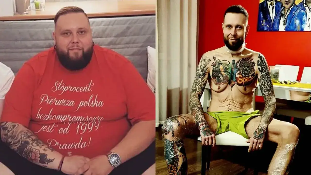 Przed i po: big boy ile schudł. Widoczna ogromna metamorfoza, mężczyzna zrzucił wiele kilogramów, odsłaniając tatuaże i wyrzeźbione ciało.