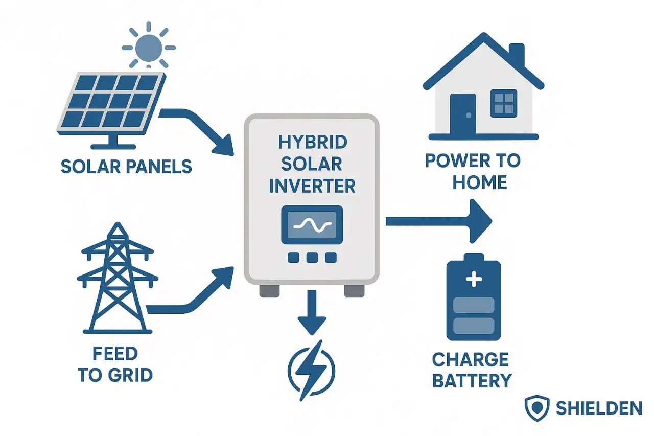Schema visar hur en solis hybrid v&auml;xelriktare hanterar energi fr&aring;n solpaneler, till hemmet, batteriet eller eln&auml;tet.