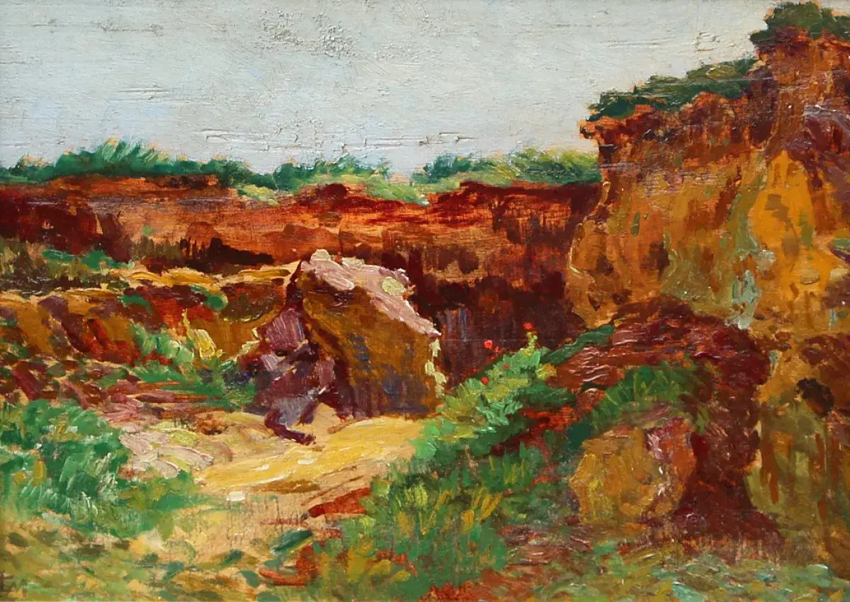Paysage rocheux aux couleurs chaudes, &eacute;voquant une &oelig;uvre de L&eacute;o Gausson. La lumi&egrave;re joue sur les ocres et les verts vifs.