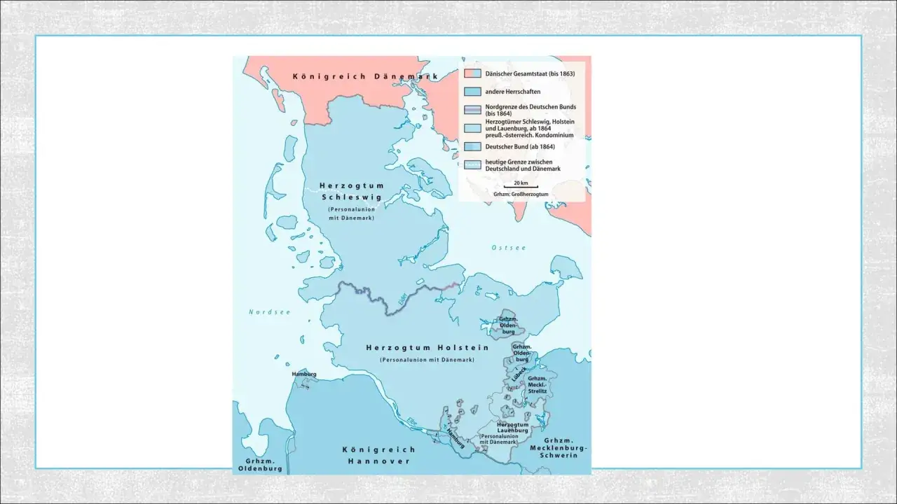 Karte zeigt die Herzogt&uuml;mer Schleswig und Holstein vor den Einigungskriegen Bismarcks. D&auml;nemark, Nordsee, Ostsee und der Deutsche Bund sind markiert.