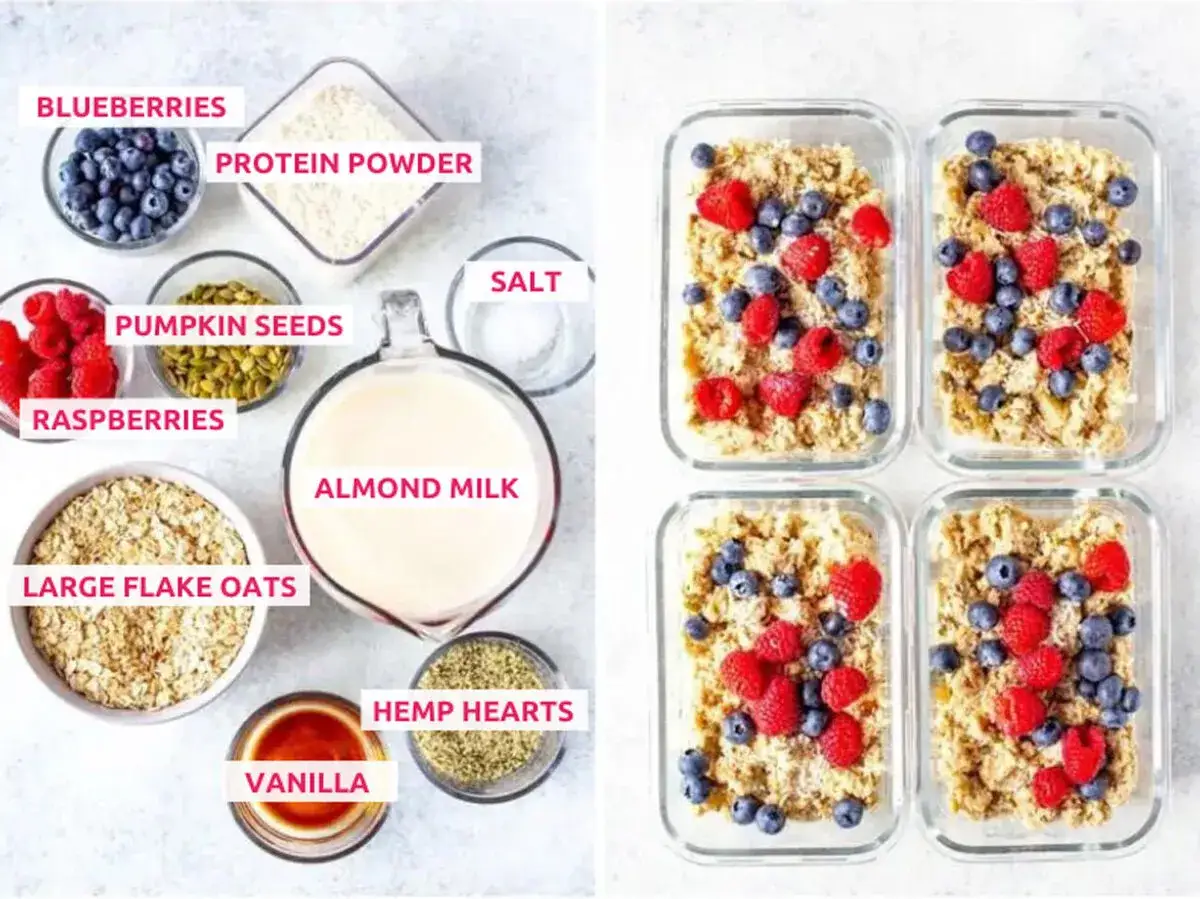 Haferkur Erfahrungen: Zutaten für Overnight Oats mit Beeren, Nüssen & Proteinpulver, vorbereitet in vier Meal-Prep-Behältern.