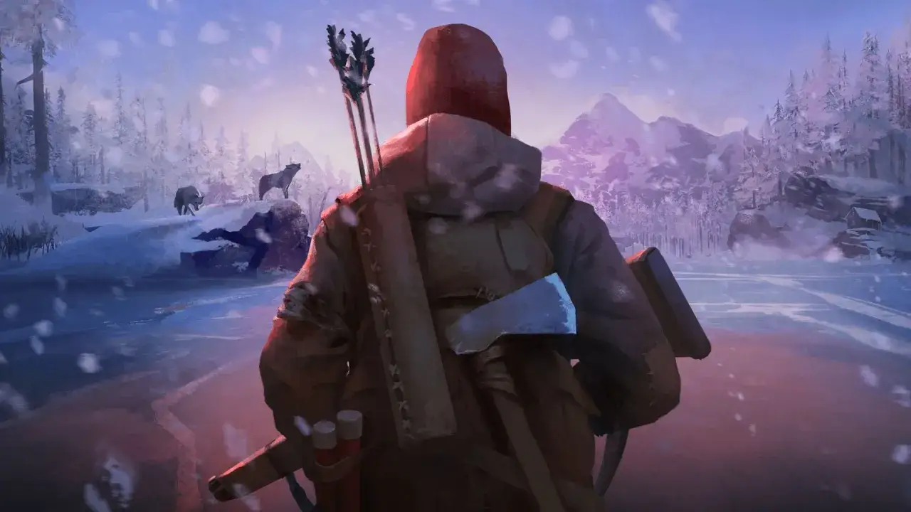 Postapokaliptyczny krajobraz zimowy, gdzie samotny bohater z łukiem i toporem stawia czoła wilkom. Klimat jak w grach podobnych do The Last of Us.