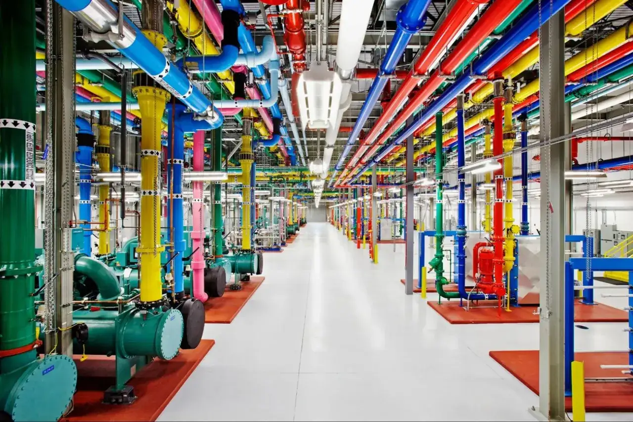 Kolorowe rury i pompy w serwerowni Google, tworzące labirynt chłodzenia.