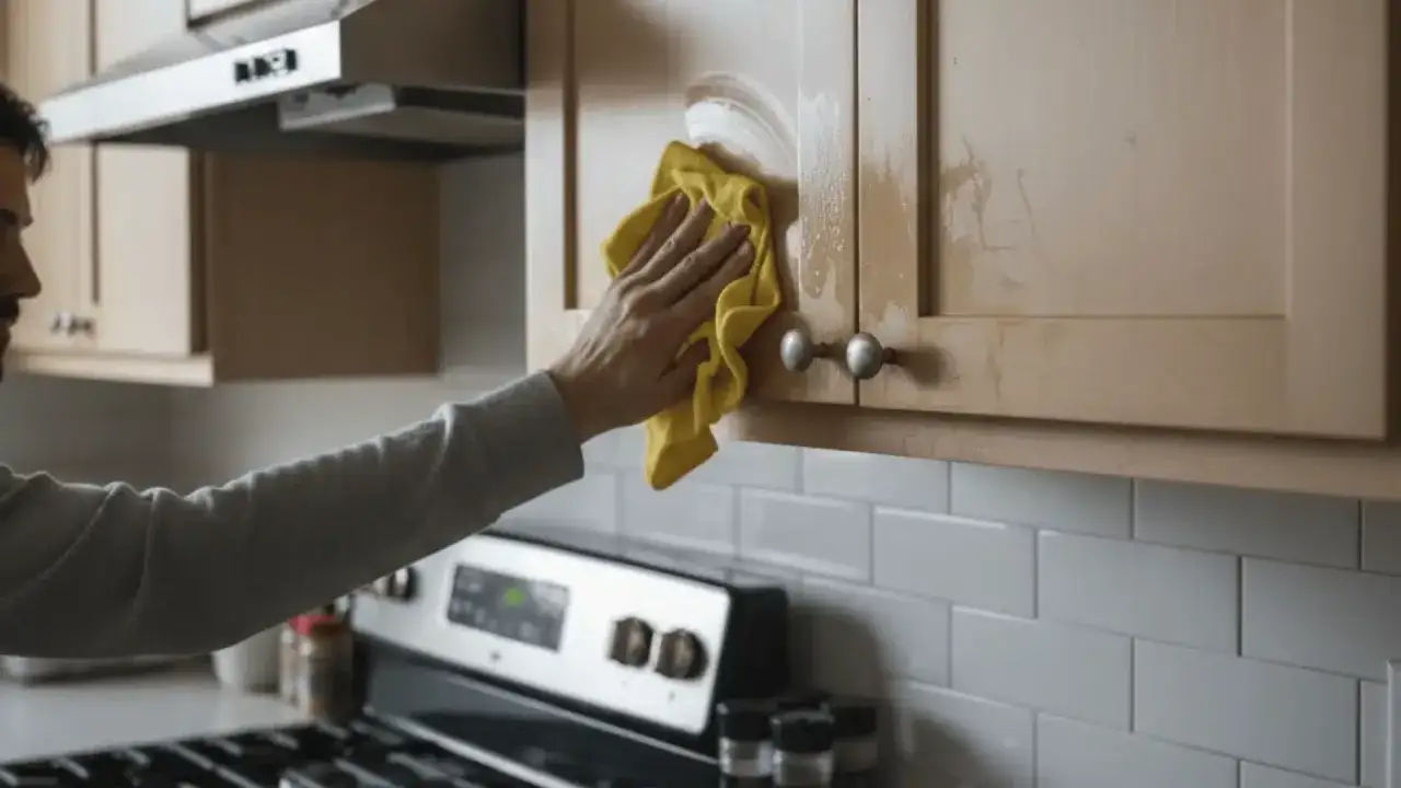 Hombre limpiando armarios de cocina con un pa&ntilde;o amarillo. Se ve el polvo y la suciedad que se est&aacute; retirando.