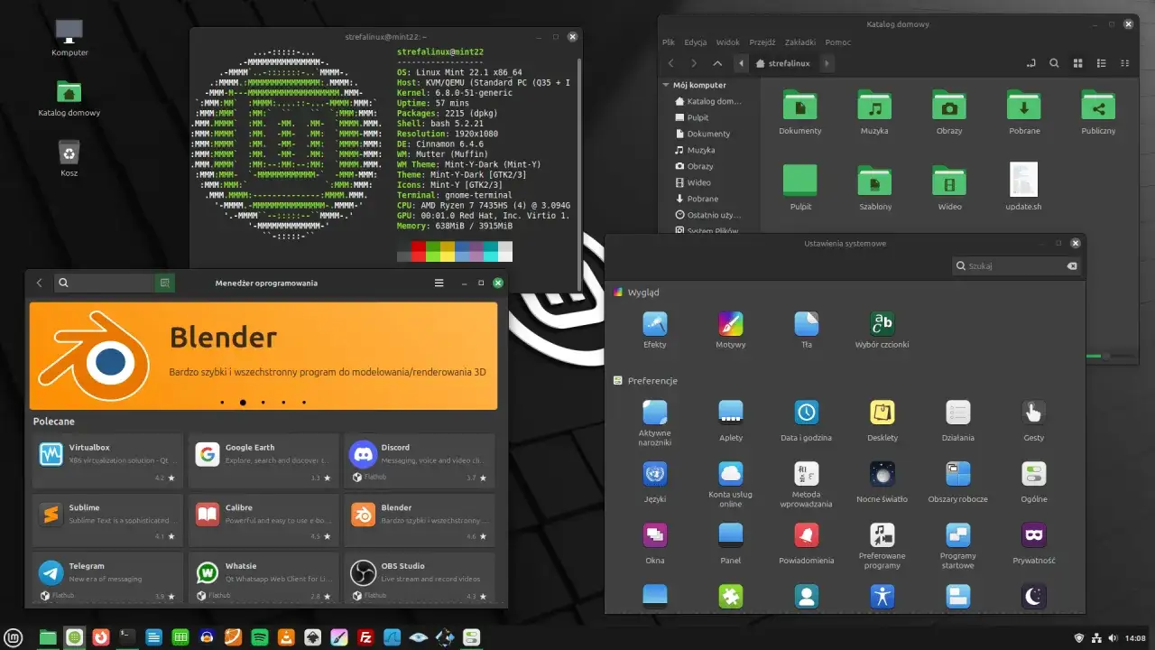 Ekran pulpitu systemu Linux Mint 20 z otwartymi oknami menedżera oprogramowania, menedżera plików i ustawień systemowych.