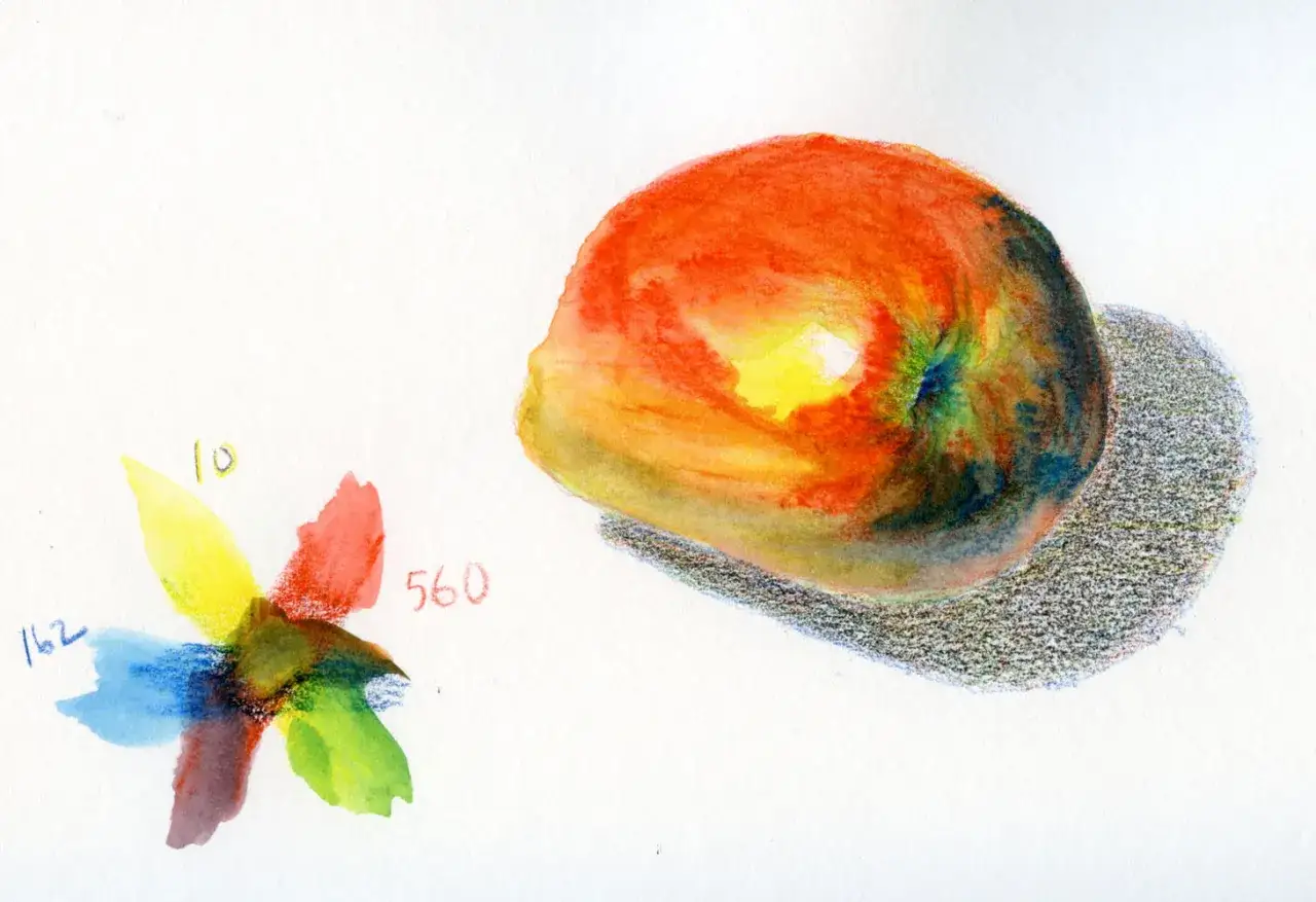 Illustration d'une pomme peinte &agrave; l'aquarelle, avec un nuancier de couleurs et des num&eacute;ros indiquant l'utilisation du crayon aquarelle.