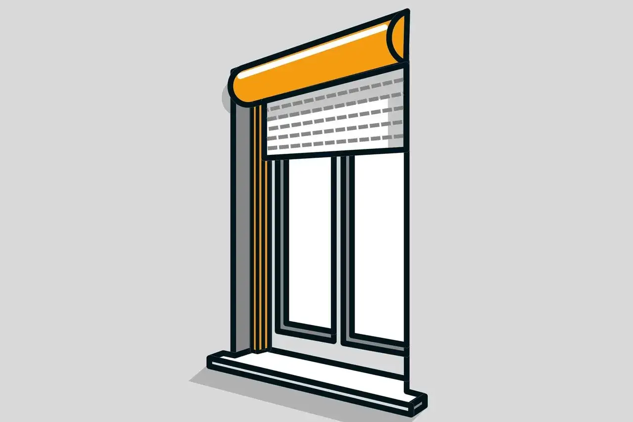 Illustration zeigt die **Vorbaurollladen Montage** an einem Fenster. Der Rollladenkasten ist oben angebracht, der Panzer teilweise abgerollt.