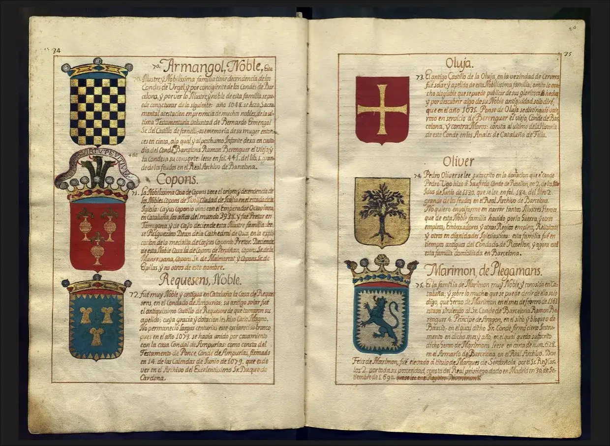 Escudos de apellidos ingleses antiguos: Armangol, Copons, Requesens, Oluja, Oliver y Marimon.