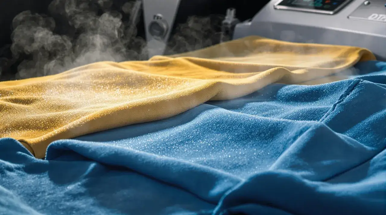 Vapeur s'&eacute;chappant d'une machine sur des tissus, montrant comment enlever un flocage sur un v&ecirc;tement.