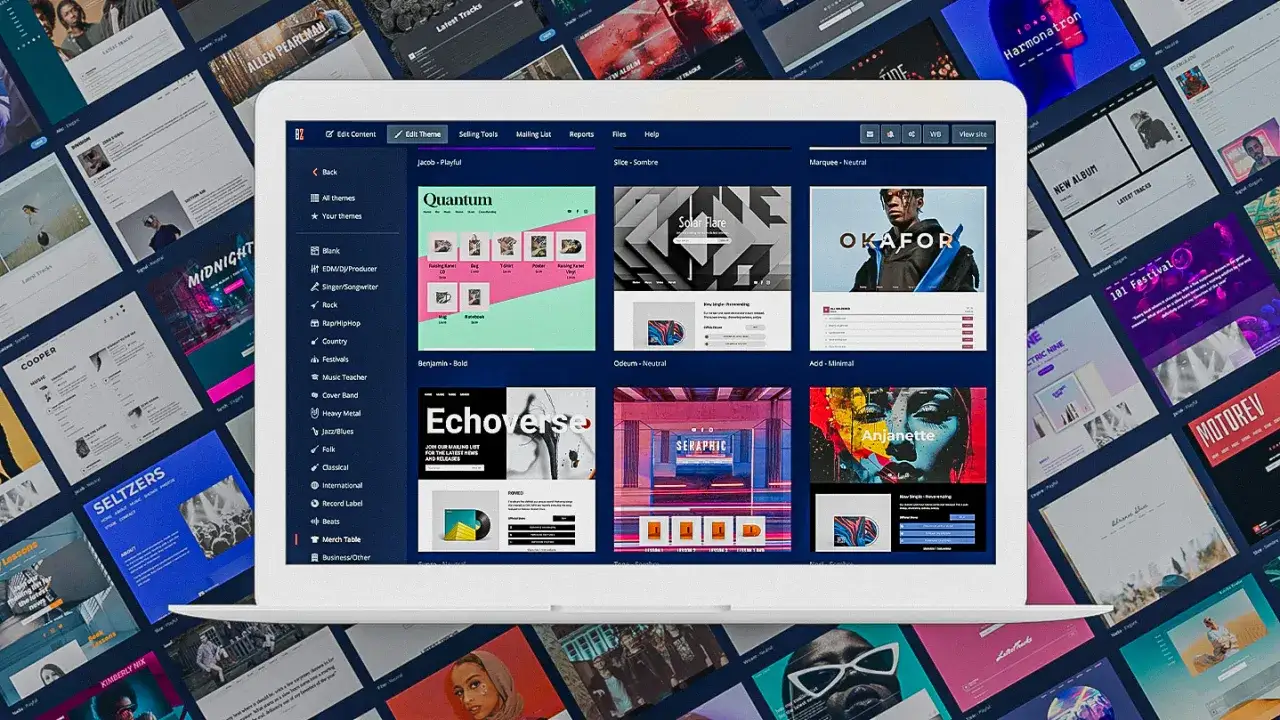 A laptop displays a website builder interface, showcasing various templates for how to make a band website.