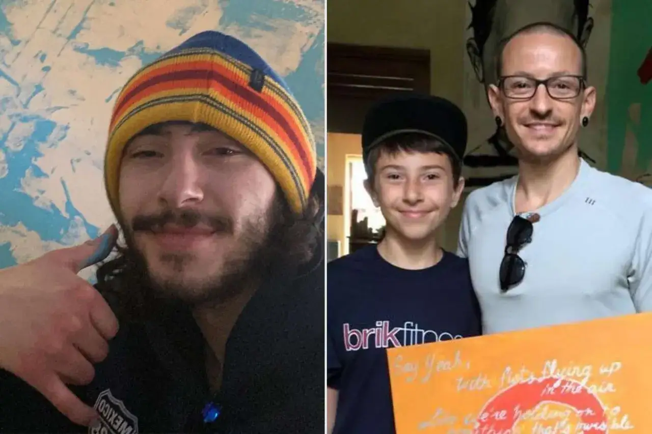 Chester Bennington z synem, uśmiechnięci. Na drugim zdjęciu młody mężczyzna w czapce.