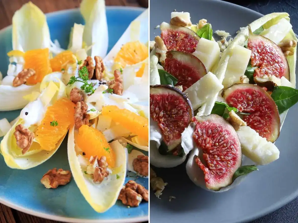 Ensalada de endivias con naranja y nueces, y otra con higos y queso. Deliciosas y refrescantes.