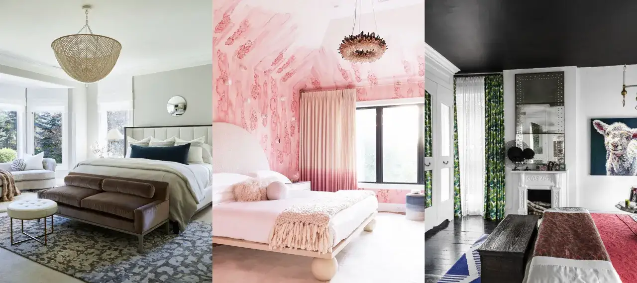 Three bedrooms showcase unique styles: a neutral room with a woven pendant, a pink room with a watercolor accent ceiling, and a dramatic room with a black ceiling and bold curtains.