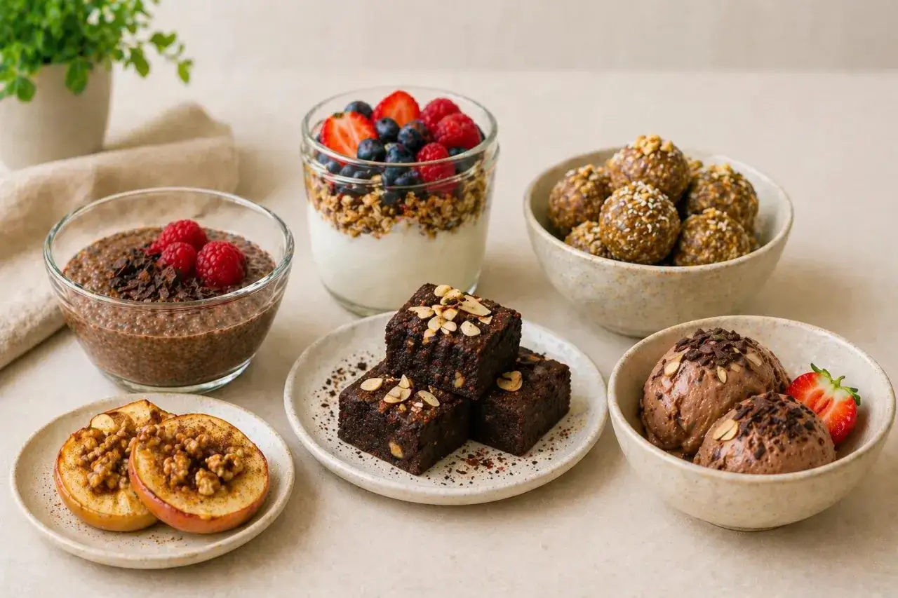 Zdrowe słodycze na diecie: brownie, kulki mocy, lody czekoladowe, jogurt z owocami i nasionami chia.