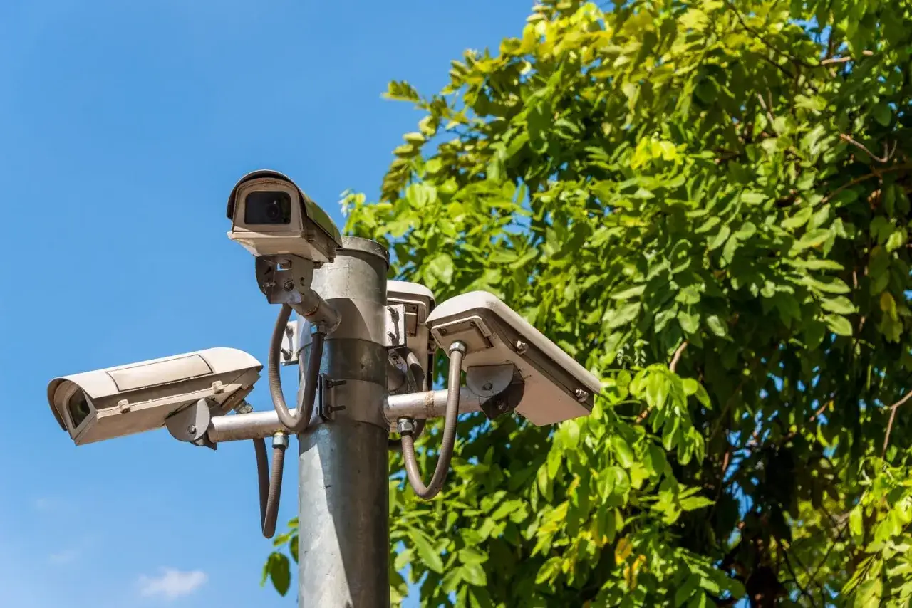 Un poste metálico sostiene un sistema de cámaras de videovigilancia, vigilando el entorno bajo un cielo azul y frondosa vegetación.