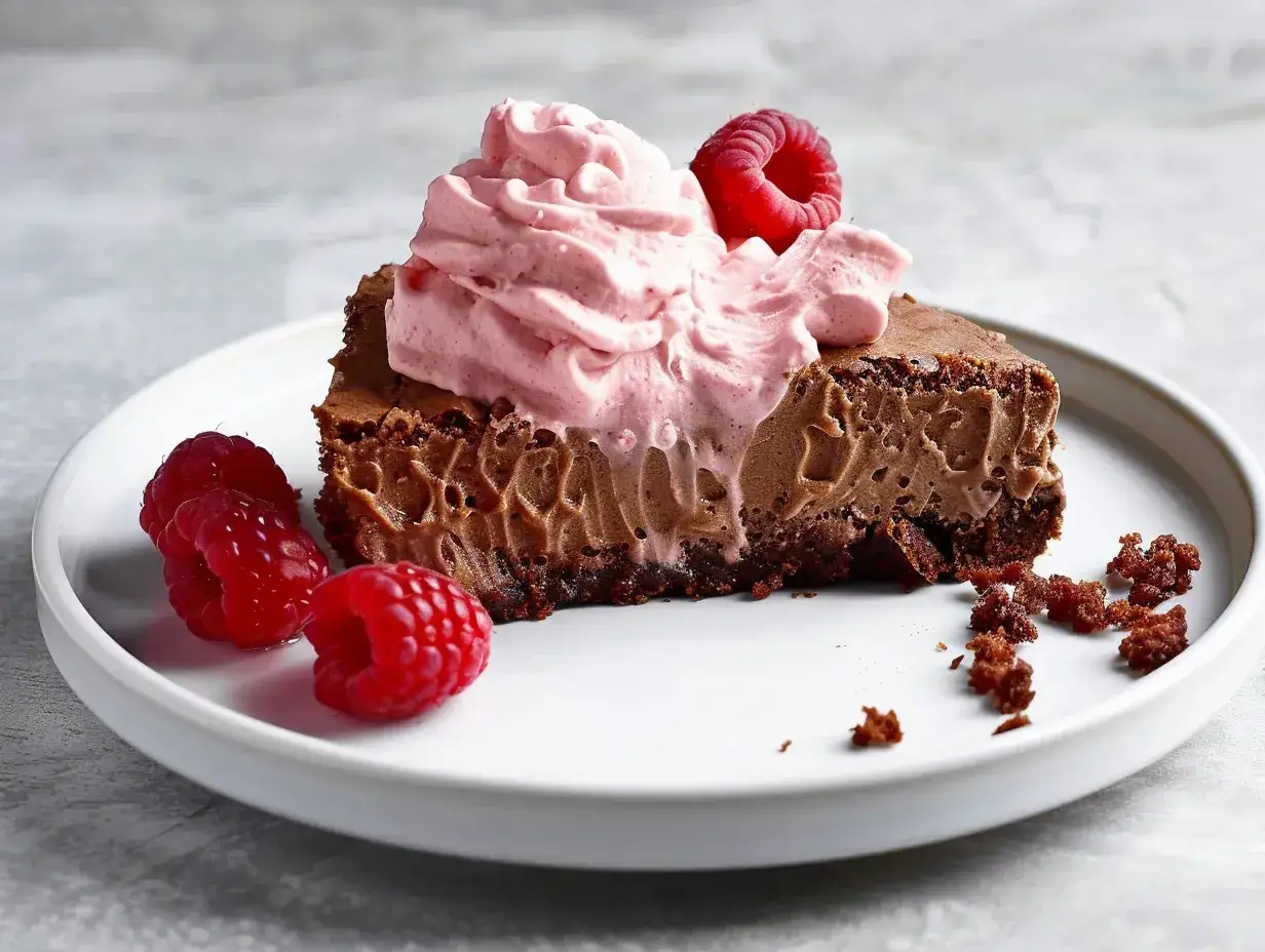 En bit vegansk kladdkaka med fluffig rosa grädde och färska hallon på en vit tallrik.