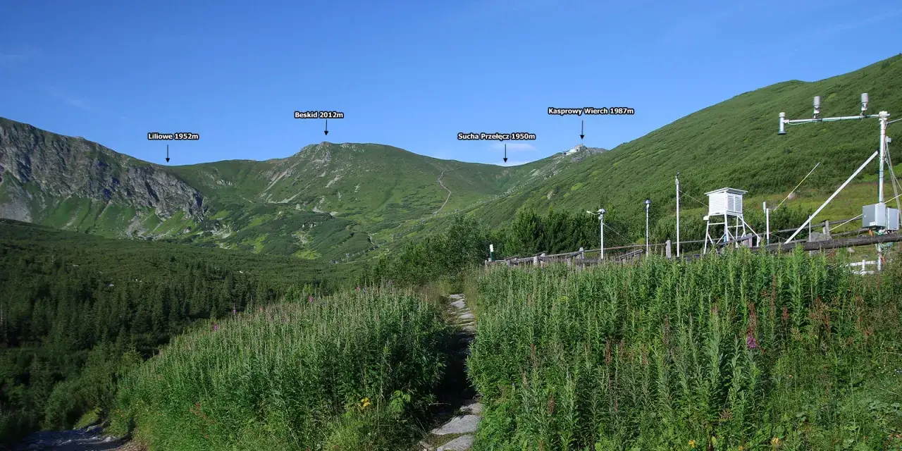 Widok na Tatry z zaznaczonymi szczytami i przełęczami, w tym Świnicka Przełęcz. W oddali Beskid, Kasprowy Wierch i Sucha Przełęcz.
