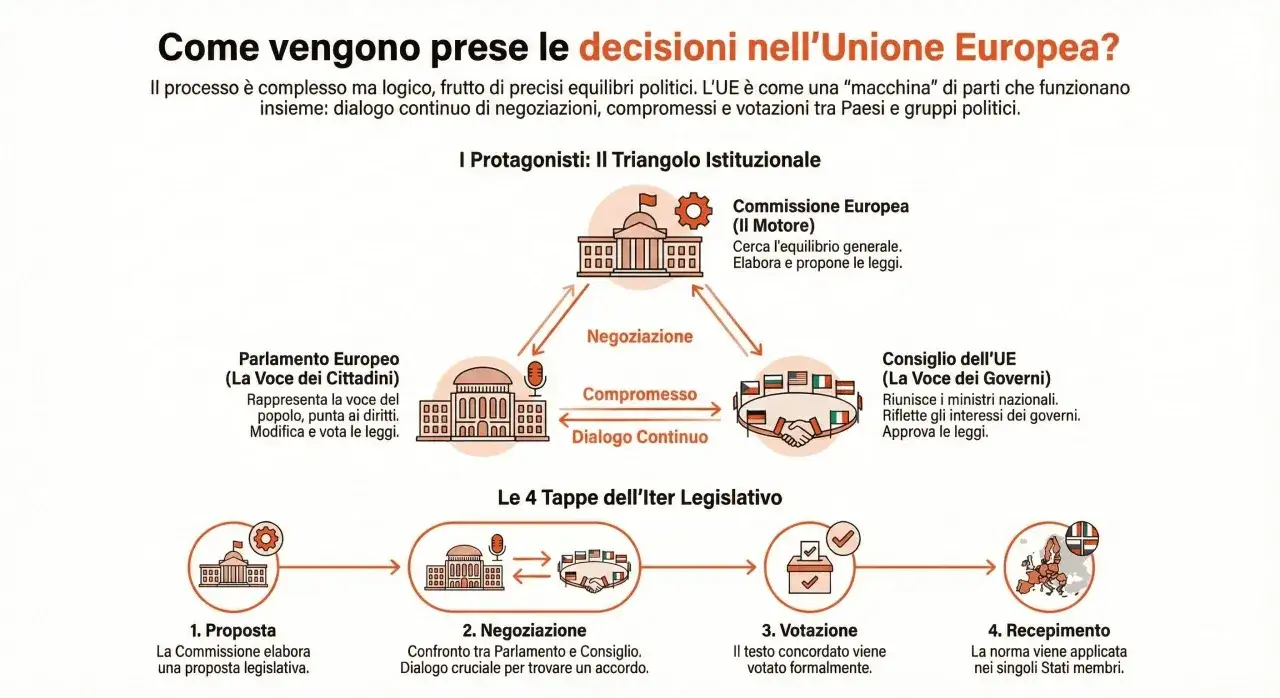 Il diagramma illustra come funzionano le istituzioni UE: Commissione, Parlamento e Consiglio, attraverso negoziazione e compromesso, per creare leggi.