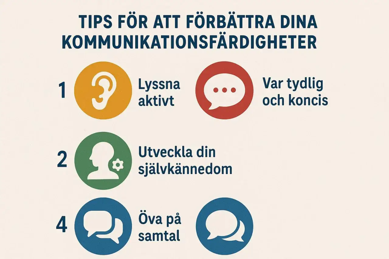 Tips för bättre kommunikation: lyssna aktivt, var tydlig, utveckla självkännedom och öva på samtal. Empatisk kommunikation byggs genom dessa steg.