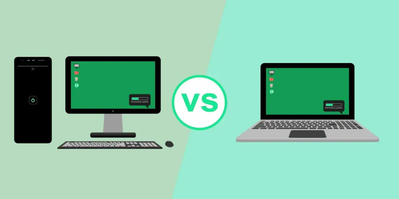 Por&oacute;wnanie: stacjonarny komputer z monitorem, klawiaturą i myszką kontra laptop. Oba urządzenia pobierają aktualizacje. Laptop co to?