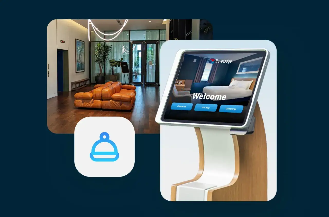 Un moderno chiosco per lo smart check-in in un hotel, con un'interfaccia accogliente e opzioni per ottenere la chiave e il concierge.