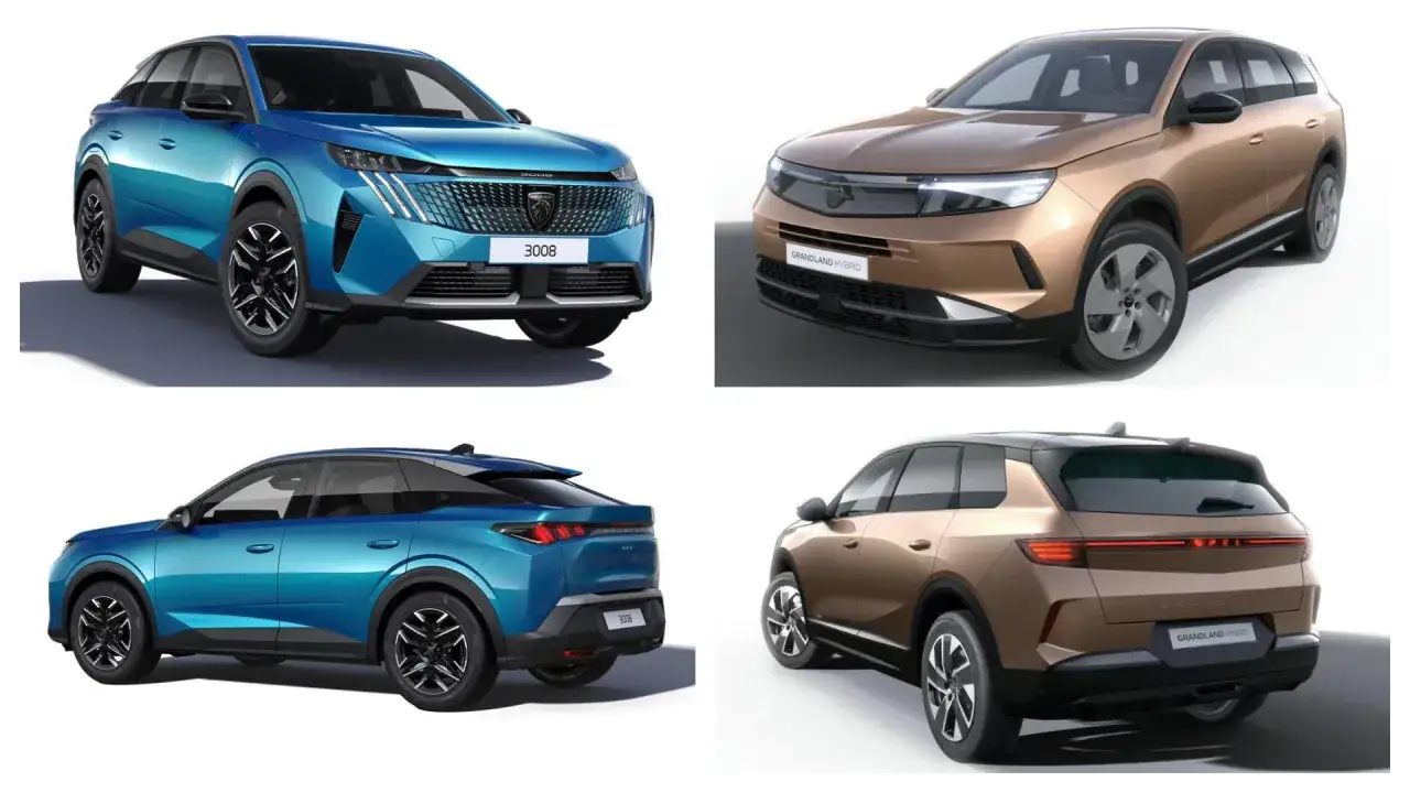 Niebieski Peugeot 3008 i brązowy Opel Grandland Hybrid prezentowane z różnych stron. Sprawdź peugeot 3008 cena i porównaj z konkurencją.