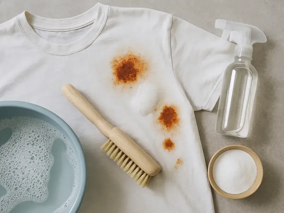 Prepara tu ropa de color para quitar manchas de óxido con un cepillo, jabón y bicarbonato.