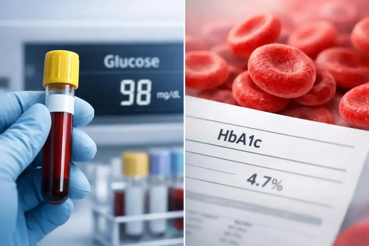 Wynik glukozy 98 mg/dL i HbA1c 4.7% sugerują prawidłowy poziom cukru we krwi, ale warto monitorować, by uniknąć podwyższony cukier.