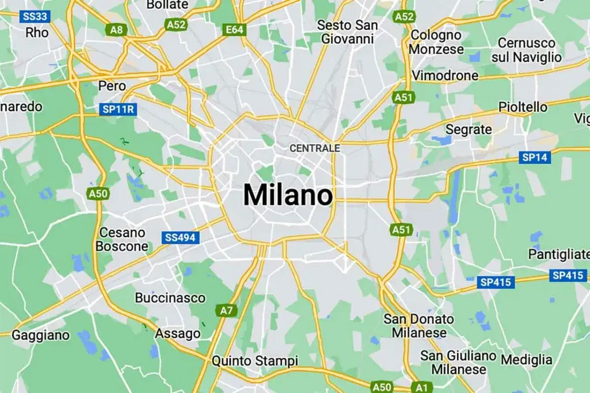 Mapa drogowa Mediolanu i jego **mediolan dzielnice** takie jak Pero, Cesano Boscone, Buccinasco, Assago, Sesto San Giovanni, Cologno Monzese, Segrate.